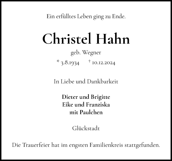 Traueranzeige von Christel Hahn von Norddeutsche Rundschau, Wilstersche Zeitung, Glückstädter Fortuna