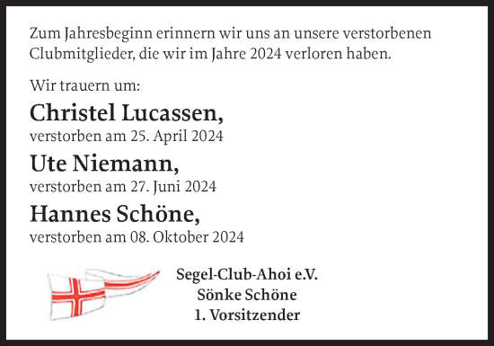 Traueranzeige von Christel Lucassen von Schleswiger Nachrichten, Schlei-Bote