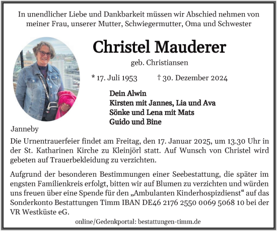 Traueranzeige von Christel Mauderer von Region Flensburg
