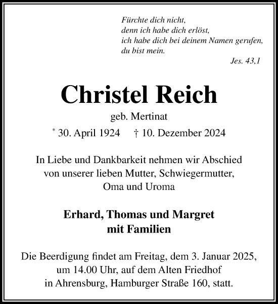 Traueranzeige von Christel Reich von MARKT Ahrensburg/Bargteheide/Trittau und Stormarner Tageblatt