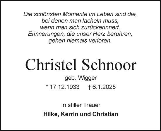 Traueranzeige von Christel Schnoor von Holsteinischer Courier