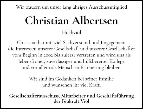Traueranzeige von Christian Albertsen von Husumer Nachrichten, Nordfriesland Tageblatt