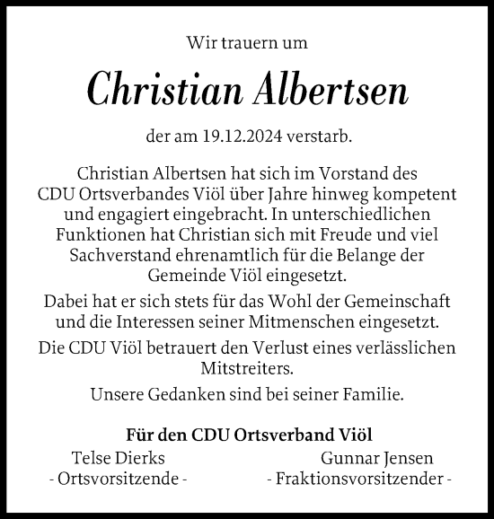 Traueranzeige von Christian Albertsen von Husumer Nachrichten, Nordfriesland Tageblatt