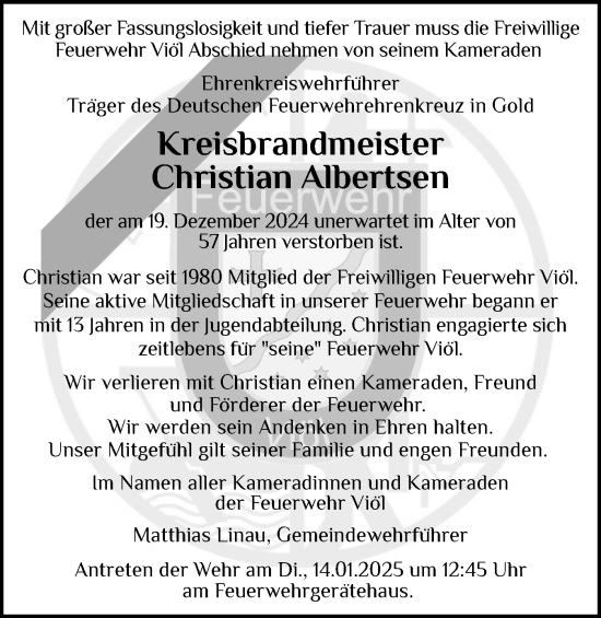 Traueranzeige von Christian Albertsen von Husumer Nachrichten, Nordfriesland Tageblatt