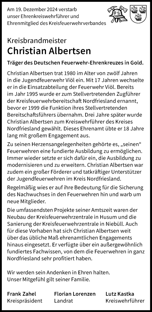 Traueranzeige von Christian Albertsen von Region Westküste