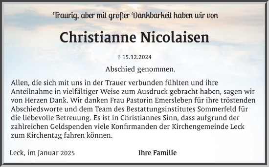 Traueranzeige von Christianne Nicolaisen von Husumer Nachrichten, Nordfriesland Tageblatt