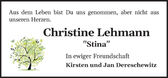 Traueranzeige von Christine Lehmann von Flensburger Tageblatt