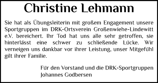 Traueranzeige von Christine Lehmann von Flensburger Tageblatt