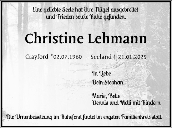 Traueranzeige von Christine Lehmann von Flensburger Tageblatt