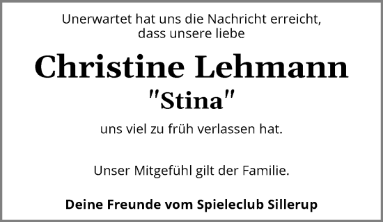 Traueranzeige von Christine Lehmann von Flensburger Tageblatt
