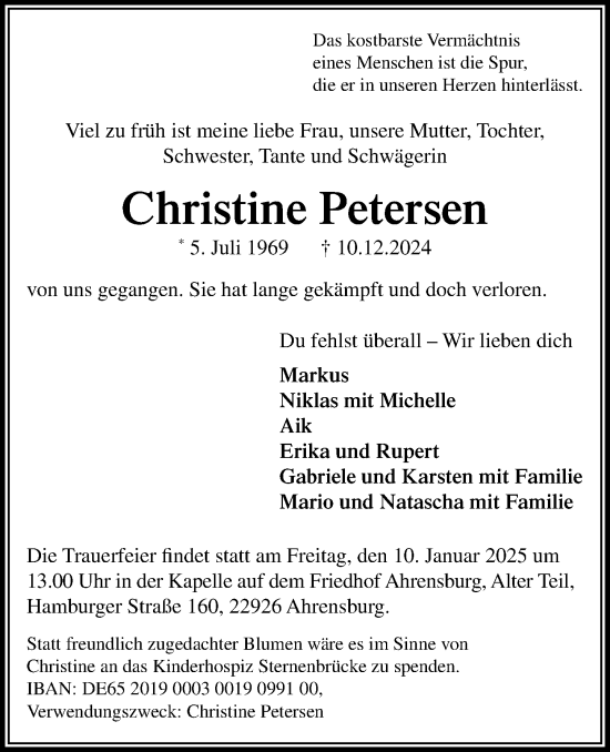 Traueranzeige von Christine Petersen von MARKT Ahrensburg/Bargteheide/Trittau und Stormarner Tageblatt