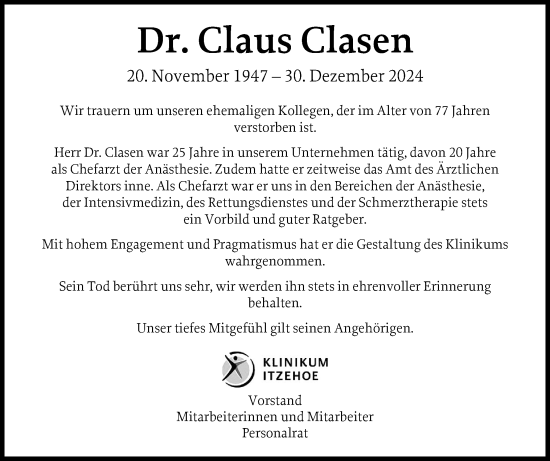 Traueranzeige von Claus Clasen von Norddeutsche Rundschau, Wilstersche Zeitung, Glückstädter Fortuna