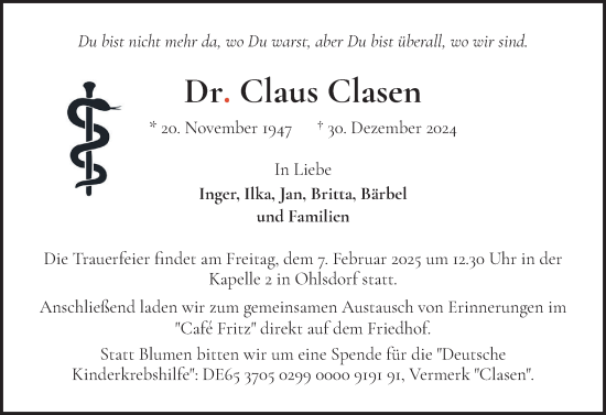 Traueranzeige von Claus Clasen von Norddeutsche Rundschau, Wilstersche Zeitung, Glückstädter Fortuna