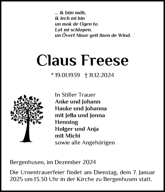 Traueranzeige von Claus Freese von Schleswig-Holsteinische Landeszeitung