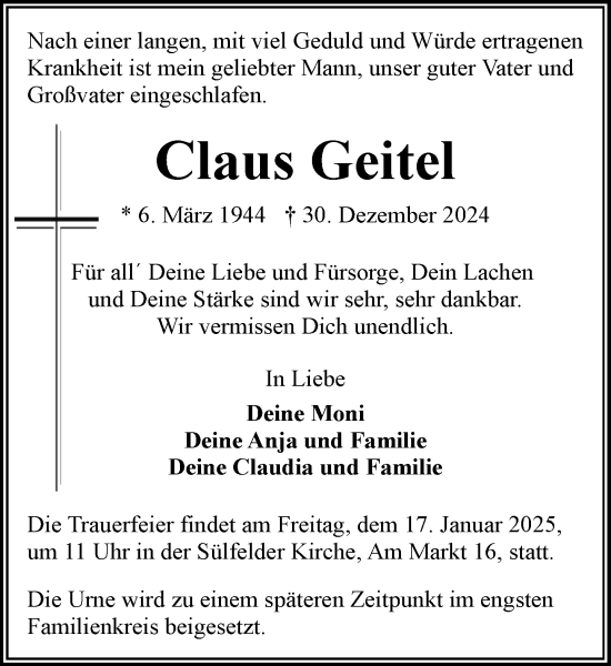 Traueranzeige von Claus Geitel von MARKT Ahrensburg/Bargteheide/Trittau und Stormarner Tageblatt