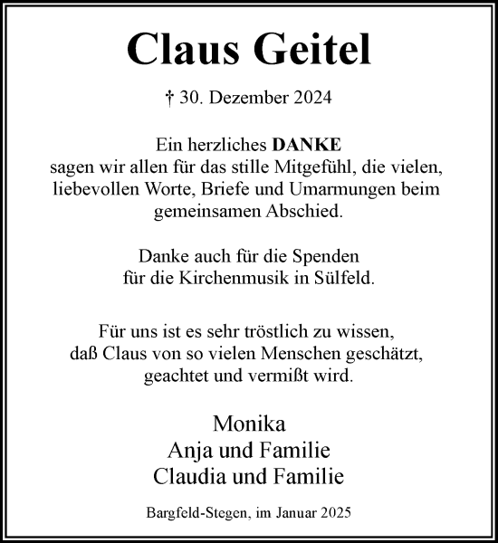 Traueranzeige von Claus Geitel von MARKT Ahrensburg/Bargteheide/Trittau und Stormarner Tageblatt