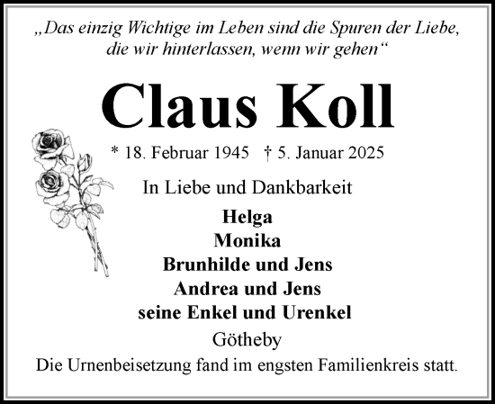 Traueranzeige von Claus Koll von Eckernförder Zeitung, Hallo Eckernförde