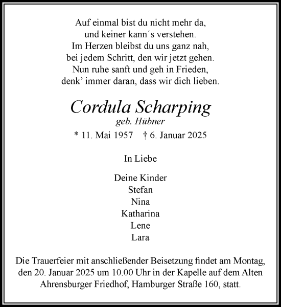 Traueranzeige von Cordula Scharping von MARKT Ahrensburg/Bargteheide/Trittau und Stormarner Tageblatt