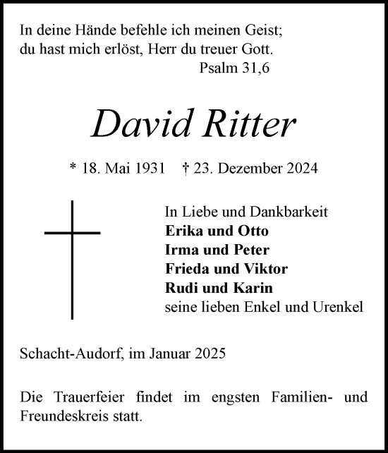 Traueranzeige von David Ritter von Schleswig-Holsteinische Landeszeitung