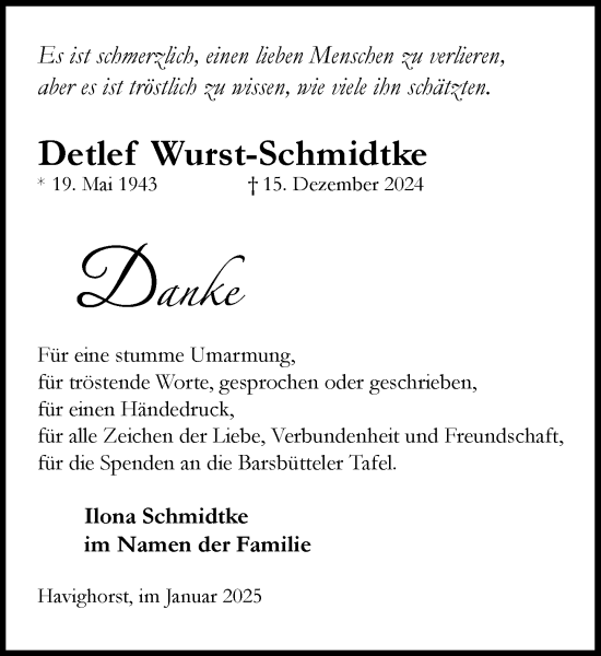 Traueranzeige von Detlef Wurst-Schmidtke von MARKT Glinde/Reinfeld