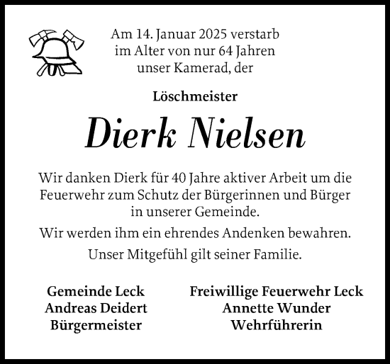 Traueranzeige von Dierk Nielsen von Husumer Nachrichten, Nordfriesland Tageblatt