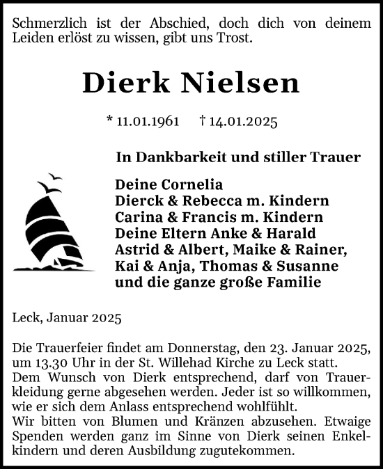Traueranzeige von Dierk Nielsen von Husumer Nachrichten, Nordfriesland Tageblatt