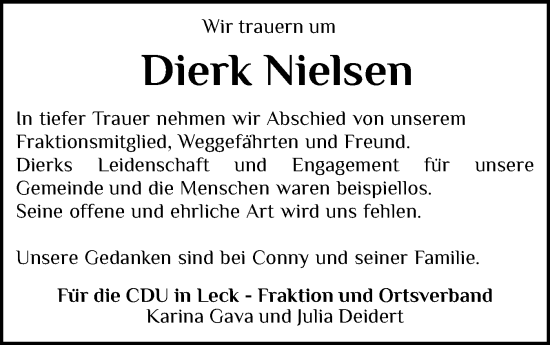 Traueranzeige von Dierk Nielsen von Husumer Nachrichten, Nordfriesland Tageblatt