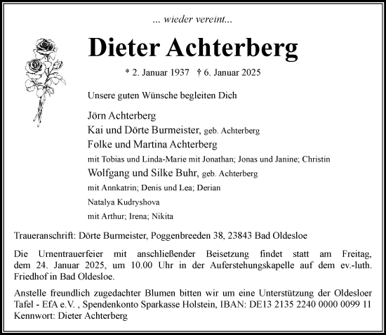 Traueranzeige von Dieter Achterberg von MARKT Bad Oldesloe/Reinfeld und Stormarner Tageblatt