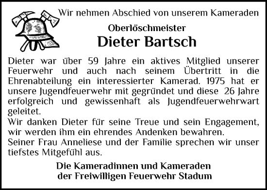 Traueranzeige von Dieter Bartsch von Husumer Nachrichten, Nordfriesland Tageblatt