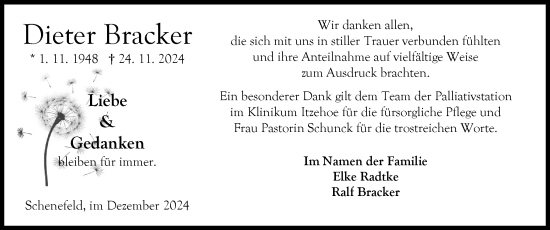Traueranzeige von Dieter Bracker von Norddeutsche Rundschau, Wilstersche Zeitung, Glückstädter Fortuna