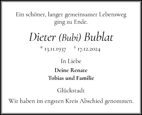 Traueranzeige von Dieter Bublat von Norddeutsche Rundschau, Wilstersche Zeitung, Glückstädter Fortuna