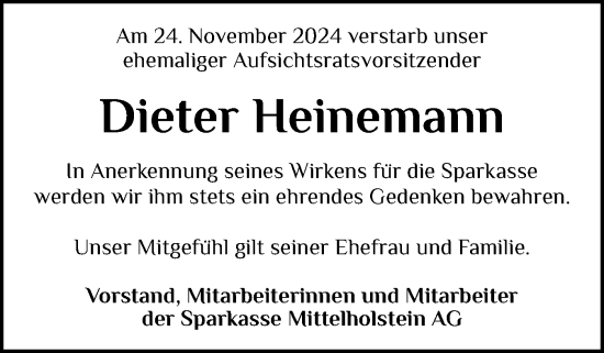 Traueranzeige von Dieter Heinemann von Schleswig-Holsteinische Landeszeitung