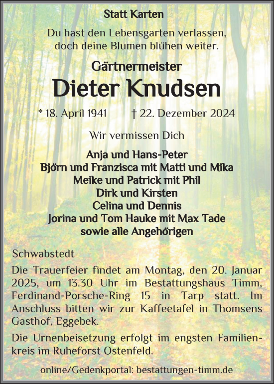 Traueranzeige von Dieter Knudsen von Region Flensburg