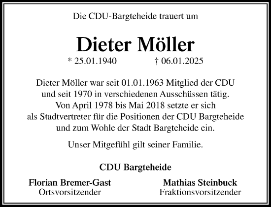 Traueranzeige von Dieter Möller von MARKT Ahrensburg/Bargteheide/Trittau und Stormarner Tageblatt