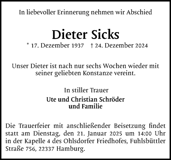 Traueranzeige von Dieter Sicks von Region Pinneberg und tip Pinneberg