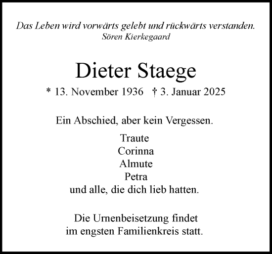 Traueranzeige von Dieter Staege von Region Pinneberg und tip Pinneberg