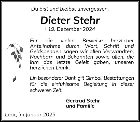 Traueranzeige von Dieter Stehr von Husumer Nachrichten, Nordfriesland Tageblatt