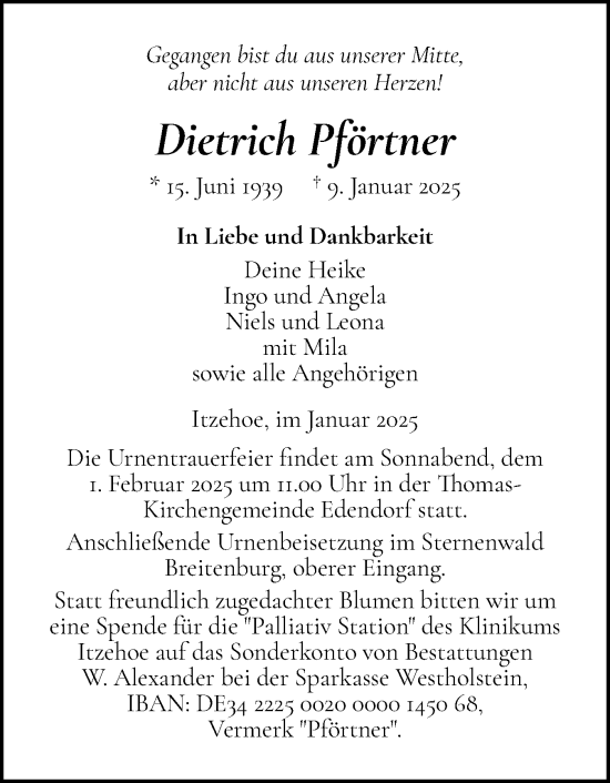 Traueranzeige von Dietrich Pförtner von Norddeutsche Rundschau, Wilstersche Zeitung, Glückstädter Fortuna