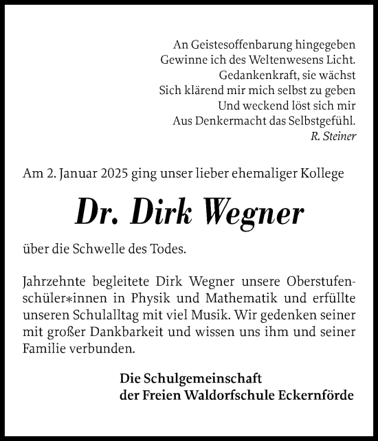 Traueranzeige von Dirk Wegner von Eckernförder Zeitung, Hallo Eckernförde
