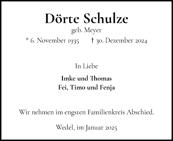 Traueranzeige von Dörte Schulze von Wedel-Schulauer Tageblatt, tip Wedel-Schulauer Tageblatt, tip Rissener Rundschau