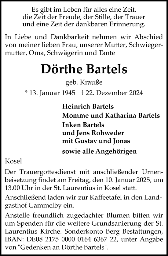 Traueranzeige von Dörthe Bartels von Eckernförder Zeitung