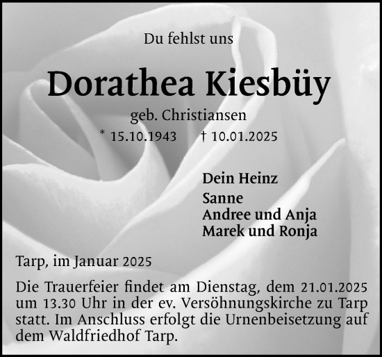 Traueranzeige von Dorathea Kiesbüy von Flensburger Tageblatt