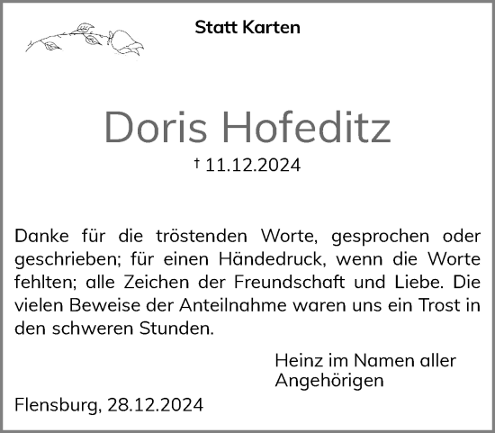 Traueranzeige von Doris Hofeditz von Flensburger Tageblatt