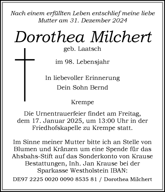 Traueranzeige von Dorothea Milchert von Norddeutsche Rundschau, Wilstersche Zeitung, Glückstädter Fortuna