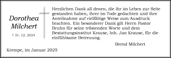 Traueranzeige von Dorothea Milchert von Norddeutsche Rundschau, Wilstersche Zeitung, Glückstädter Fortuna