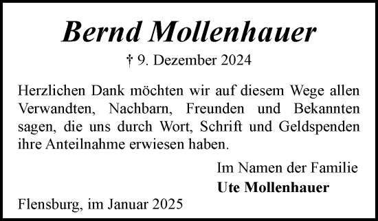Traueranzeige von Bernd Mollenhauer von Flensburger Tageblatt