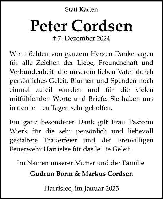 Traueranzeige von Peter Cordsen von Flensburger Tageblatt