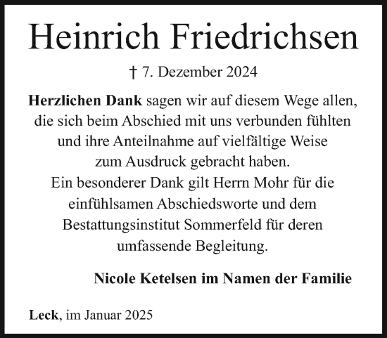 Traueranzeige von Heinrich Friedrichsen von Husumer Nachrichten, Nordfriesland Tageblatt