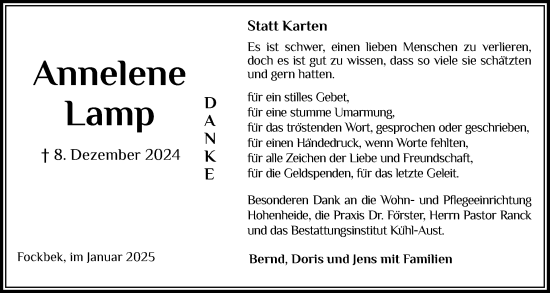 Traueranzeige von Annelene Lamp von Schleswig-Holsteinische Landeszeitung