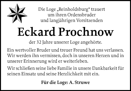 Traueranzeige von Eckard Prochnow von Schleswig-Holsteinische Landeszeitung
